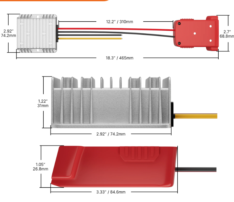 Milwaukee M18 akkuadapteri + jännitteenalennin 18V->12V 20A