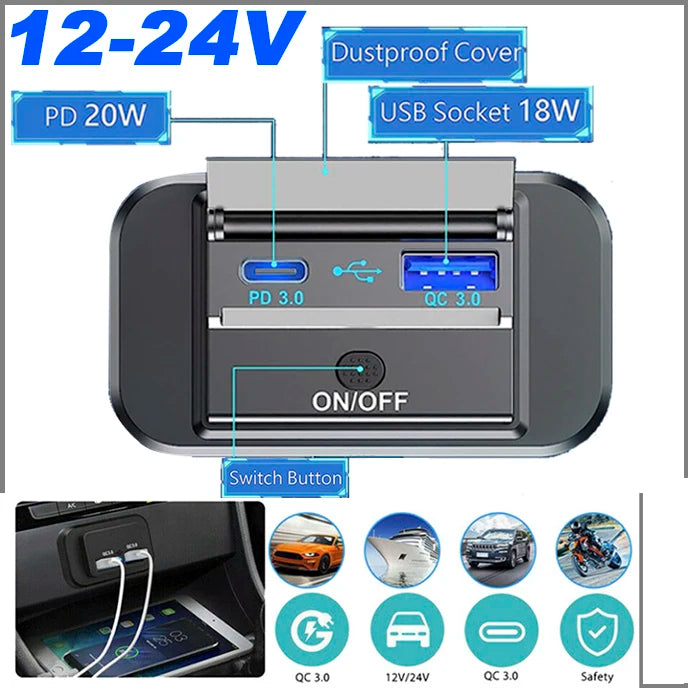 PD-tyypin C / QC 3.0 USB-laturi 12/24V