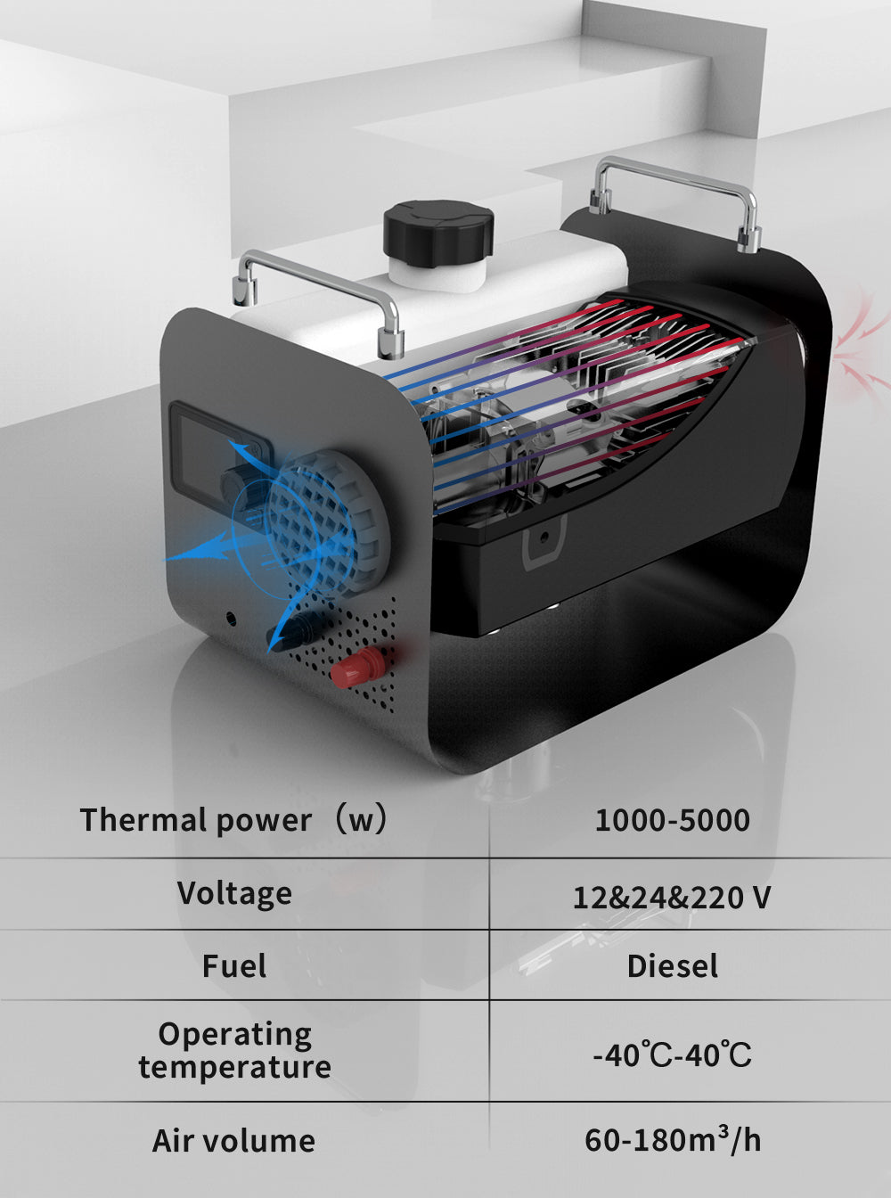 Diesel lämmitin 5Kw 12/24V /230V Kauko-ohjauksella ja bluetooth yhteydellä (Start&Stop)