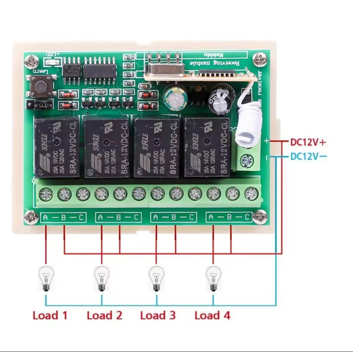 Älykäs 4-kanavainen langaton kauko-ohjattava rele (433 MHz, 12V DC)
