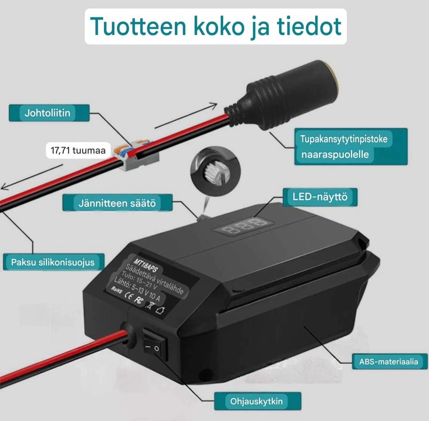 Työkalu-akku 18-20V->12V tupakansytytin adapteri 10A