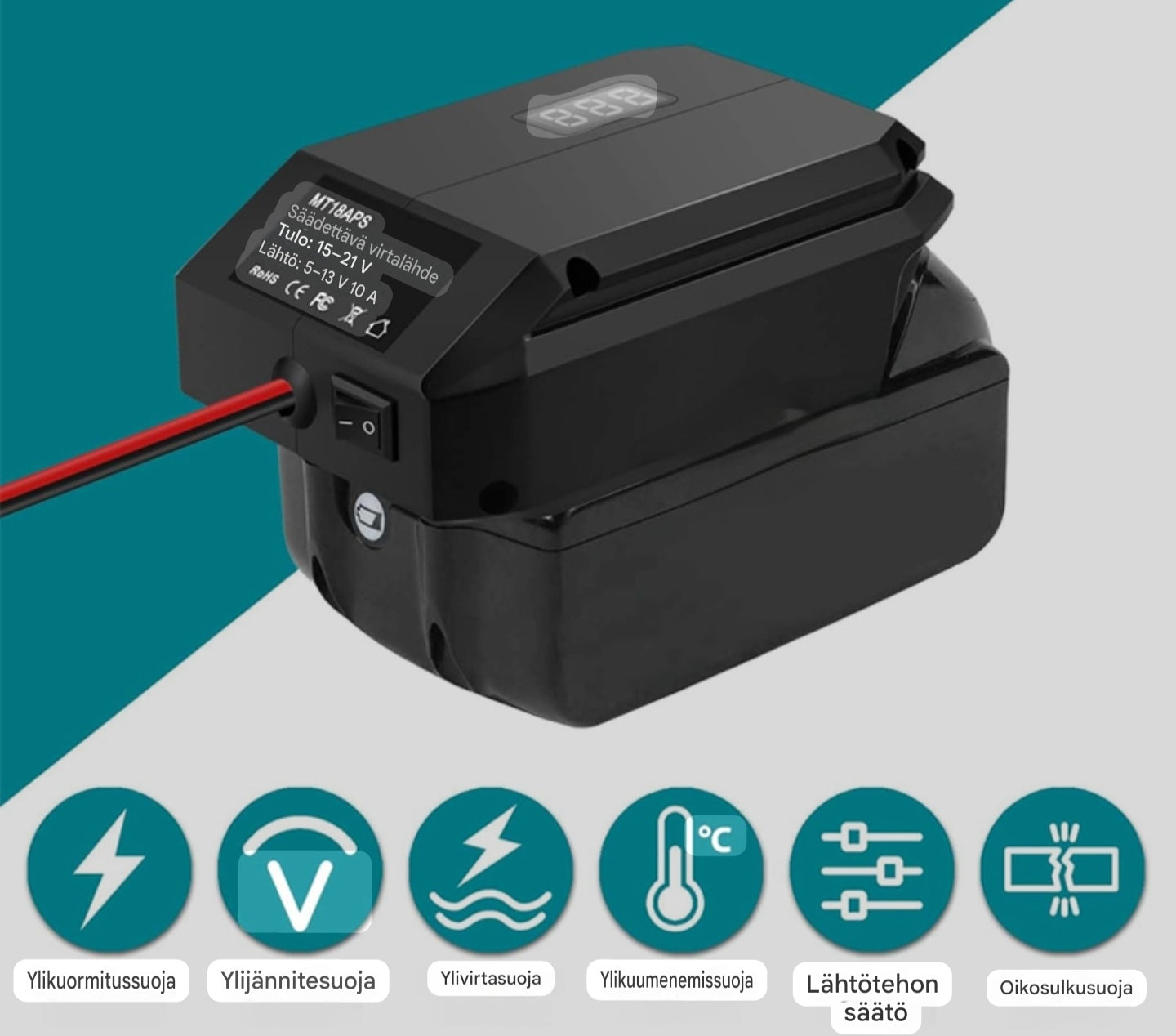 Työkalu-akku 18-20V->12V tupakansytytin adapteri 10A