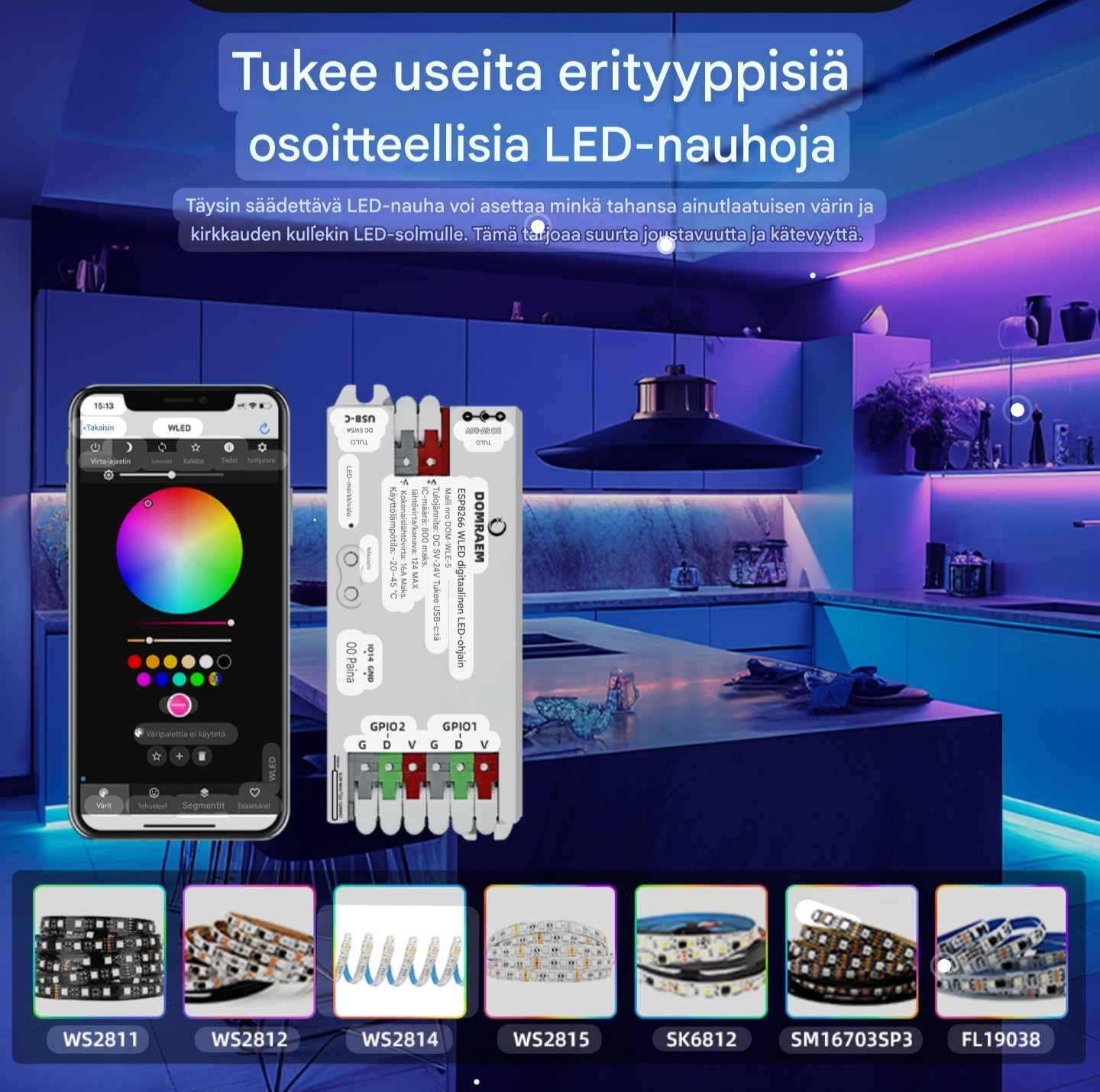 Domraem WLED Älyvalojen Ohjain (ESP8266, 5-24V / USB-C, 16A) – Täydellinen Home Assistant & DIY-yhteensopivuus