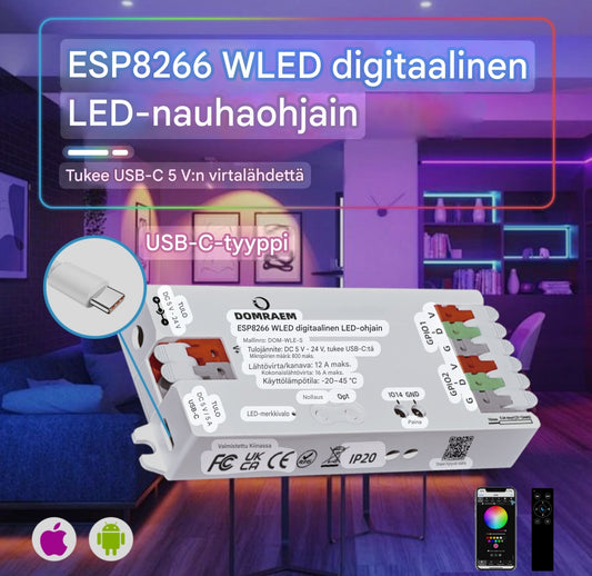 Domraem WLED Älyvalojen Ohjain (ESP8266, 5-24V / USB-C, 16A) – Täydellinen Home Assistant & DIY-yhteensopivuus